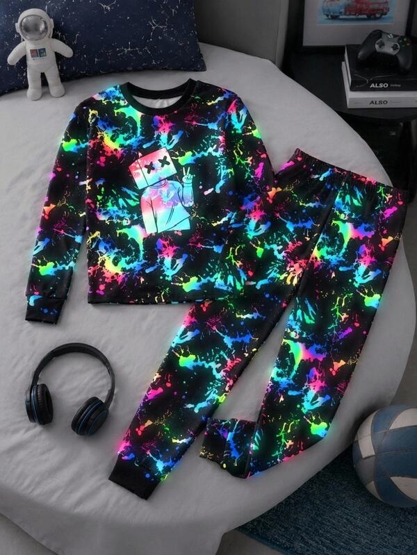 SHEIN Tween Boy Snug Fit Fluorescent Splatter Print Crew Neck Regular Shoulder Long Sleeve T-Shirt And Long Pants Soft Comfortable Snug Fit Loungewear Pajama Set 2pcs