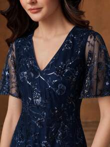 Anewsta Modern Navy Blue Floral Elegant Mature Dinner Party Date 3D Floral Mesh Sequined Ruffle Short Sleeve Dress Wedding Summer Wedding Navy Blue - Navy Blue - View 2