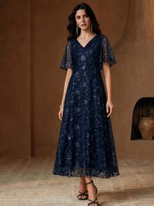Anewsta Modern Navy Blue Floral Elegant Mature Dinner Party Date 3D Floral Mesh Sequined Ruffle Short Sleeve Dress Wedding Summer Wedding Navy Blue - Navy Blue - View 5