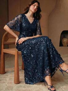 Anewsta Modern Navy Blue Floral Elegant Mature Dinner Party Date 3D Floral Mesh Sequined Ruffle Short Sleeve Dress Wedding Summer Wedding Navy Blue - Navy Blue - View 3