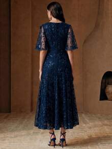 Anewsta Modern Navy Blue Floral Elegant Mature Dinner Party Date 3D Floral Mesh Sequined Ruffle Short Sleeve Dress Wedding Summer Wedding Navy Blue - Navy Blue - View 7