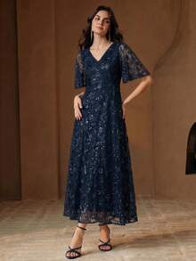 Anewsta Modern Navy Blue Floral Elegant Mature Dinner Party Date 3D Floral Mesh Sequined Ruffle Short Sleeve Dress Wedding Summer Wedding Navy Blue - Navy Blue - View 4