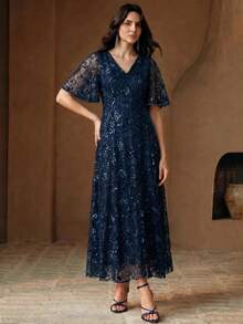Anewsta Modern Navy Blue Floral Elegant Mature Dinner Party Date 3D Floral Mesh Sequined Ruffle Short Sleeve Dress Wedding Summer Wedding Navy Blue - Navy Blue - View 6
