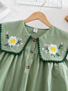 SHEIN 少女/青少年女孩 田园风花卉刺绣花卉图案荷叶边领泡泡袖连衣裙，百搭花卉图案圆领荷叶边撞色连衣裙 - 綠色 - 查看 7
