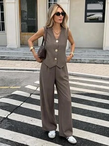 Serisse Women's Metal Single-Breasted Vest And Pants Casual 2 Pieces Set - Brown - View 1