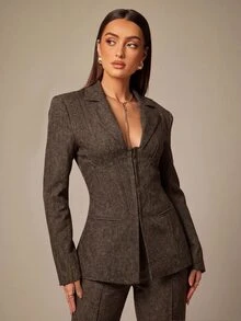 Silquee 女款單排扣西裝外套，修身腰線、翻領、長袖，優雅商務辦公通勤休閒深棕色夏季穿搭 - 咖啡棕 - 查看 7
