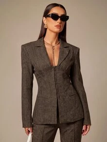 Silquee 女款單排扣西裝外套，修身腰線、翻領、長袖，優雅商務辦公通勤休閒深棕色夏季穿搭 - 咖啡棕 - 查看 3
