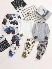 SHEIN Baby Boy Snug Fit Kids Pajama Set, Cartoon Pattern, Knitted Soft Crew Neck Long Sleeve Pullover Autumn Top And Elastic Waist Long Pants, 2-Piece Set - Multicolor - View 2
