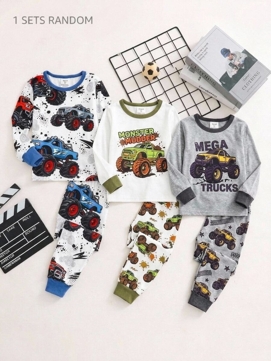 SHEIN Baby Boy Snug Fit Kids Pajama Set, Cartoon Pattern, Knitted Soft Crew Neck Long Sleeve Pullover Autumn Top And Elastic Waist Long Pants, 2-Piece Set - Multicolor - View 1