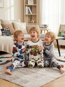 SHEIN Baby Boy Snug Fit Kids Pajama Set, Cartoon Pattern, Knitted Soft Crew Neck Long Sleeve Pullover Autumn Top And Elastic Waist Long Pants, 2-Piece Set - Multicolor - View 8