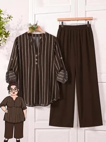 EMERY ROSE Plus Size Women's Notched V-Neck Striped Top And Pants Casual Everyday 2-Piece Set Fall - Brown - View 5