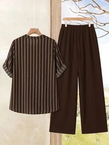 EMERY ROSE Plus Size Women's Notched V-Neck Striped Top And Pants Casual Everyday 2-Piece Set Fall - Brown - View 2