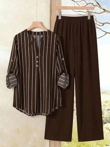 EMERY ROSE Plus Size Women's Notched V-Neck Striped Top And Pants Casual Everyday 2-Piece Set Fall - Brown - View 1