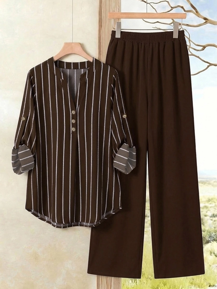 EMERY ROSE Plus Size Women's Notched V-Neck Striped Top And Pants Casual Everyday 2-Piece Set Fall - Brown - View 1