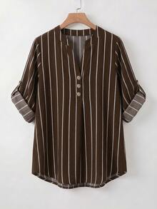 EMERY ROSE Plus Size Women's Notched V-Neck Striped Top And Pants Casual Everyday 2-Piece Set Fall - Brown - View 3