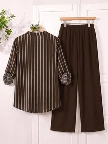 EMERY ROSE Plus Size Women's Notched V-Neck Striped Top And Pants Casual Everyday 2-Piece Set Fall - Brown - View 6