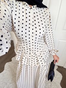 SHEIN Tall CURVE Plus Size Women Polka Dot Lantern Sleeve Single-Breasted Blouse And Skirt Set - Black and White - View 7