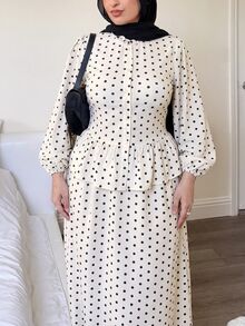 SHEIN Tall CURVE Plus Size Women Polka Dot Lantern Sleeve Single-Breasted Blouse And Skirt Set - Black and White - View 8