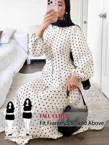 SHEIN Tall CURVE Plus Size Women Polka Dot Lantern Sleeve Single-Breasted Blouse And Skirt Set - Black and White - View 11