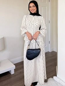 SHEIN Tall CURVE Plus Size Women Polka Dot Lantern Sleeve Single-Breasted Blouse And Skirt Set - Black and White - View 9