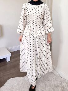 SHEIN Tall CURVE Plus Size Women Polka Dot Lantern Sleeve Single-Breasted Blouse And Skirt Set - Black and White - View 5