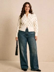 SHEIN Tall CURVE 大尺碼秋季休閒波點開襟衫 - 杏色 - 查看 6