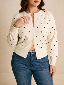 SHEIN Tall CURVE 大尺碼秋季休閒波點開襟衫 - 杏色 - 查看 2