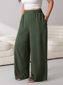 SHEIN Tall CURVE Plus Size Casual Textured Elastic Waist Loose Pants 2pcs/Set - Multicolor - View 8