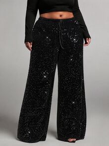 SHEIN Tall CURVE Plus Size Fashion Party Sequin Pants Fall - Black - View 7