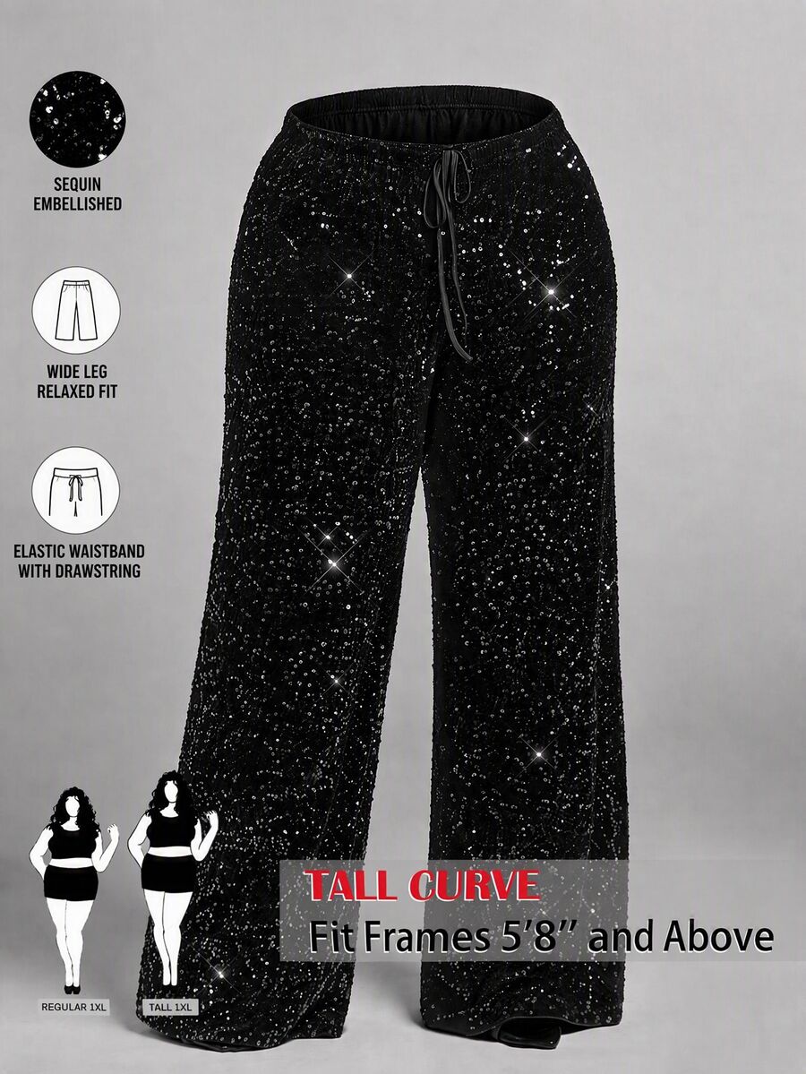SHEIN Tall CURVE Plus Size Fashion Party Sequin Pants Fall - Black - View 1