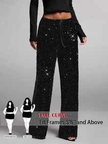 SHEIN Tall CURVE Plus Size Fashion Party Sequin Pants Fall - Black - View 9