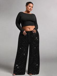 SHEIN Tall CURVE Plus Size Fashion Party Sequin Pants Fall - Black - View 8