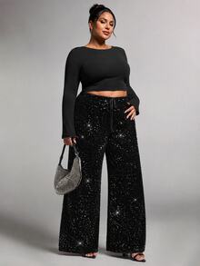 SHEIN Tall CURVE Plus Size Fashion Party Sequin Pants Fall - Black - View 5