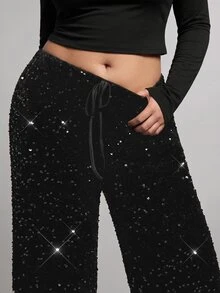SHEIN Tall CURVE Plus Size Fashion Party Sequin Pants Fall - Black - View 4