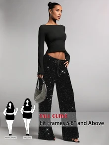 SHEIN Tall CURVE Plus Size Fashion Party Sequin Pants Fall - Black - View 10