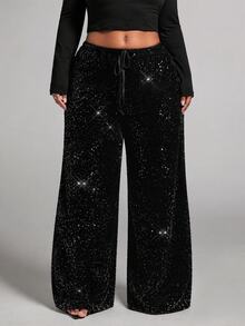 SHEIN Tall CURVE Plus Size Fashion Party Sequin Pants Fall - Black - View 6
