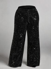 SHEIN Tall CURVE Plus Size Fashion Party Sequin Pants Fall - Black - View 3