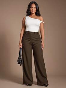 SHEIN Tall CURVE 大尺碼休閒鈕扣寬鬆長褲，適合商務辦公 - 棕色 - 查看 3