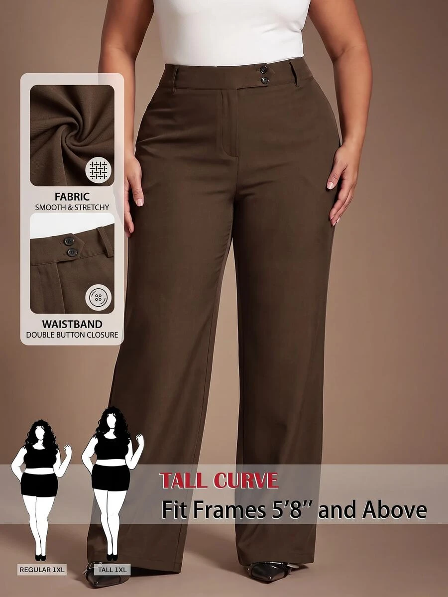 SHEIN Tall CURVE Plus Size Casual Button Loose Pants For Business Office - Brown - View 1