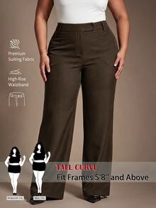 SHEIN Tall CURVE 大尺碼休閒鈕扣寬鬆長褲，適合商務辦公 - 棕色 - 查看 9