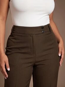 SHEIN Tall CURVE 大尺碼休閒鈕扣寬鬆長褲，適合商務辦公 - 棕色 - 查看 8