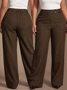 SHEIN Tall CURVE 大尺碼休閒鈕扣寬鬆長褲，適合商務辦公 - 棕色 - 查看 6