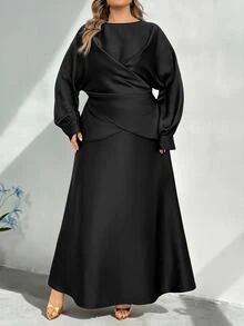 SHEIN CURVE+ Plus Size Elegant Party Cross Wrap Blouse & Skirt 2 Pieces Set Fall - Black - View 4