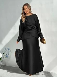 SHEIN CURVE+ Plus Size Elegant Party Cross Wrap Blouse & Skirt 2 Pieces Set Fall - Black - View 8