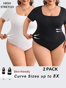 SHEIN CURVE+ 2件装加大码黑白短袖紧身连体衣，女士加大码连体衣，2件装加大码连体衣，曲线身材连体衣 - 黑與白 - 查看 1
