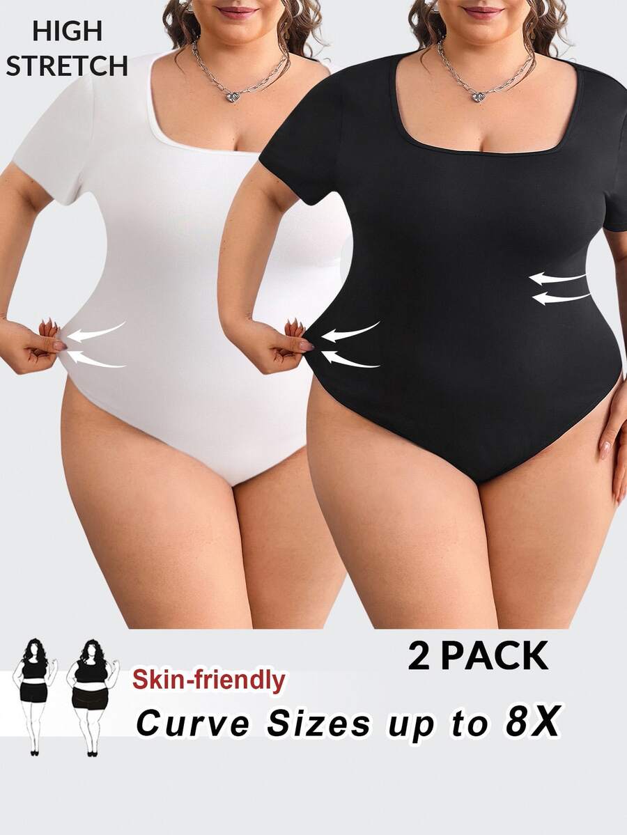 SHEIN CURVE+ 2件装加大码黑白短袖紧身连体衣,女士加大码连体衣,2件装加大码连体衣,曲线身材连体衣 - 黑與白 - 查看 1