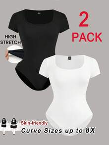 SHEIN CURVE+ 2件装加大码黑白短袖紧身连体衣，女士加大码连体衣，2件装加大码连体衣，曲线身材连体衣 - 黑與白 - 查看 8