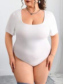 SHEIN CURVE+ 2件装加大码黑白短袖紧身连体衣，女士加大码连体衣，2件装加大码连体衣，曲线身材连体衣 - 黑與白 - 查看 4