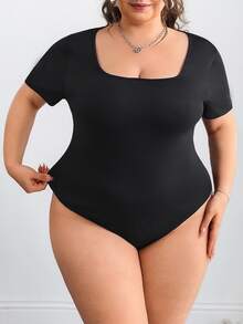 SHEIN CURVE+ 2件装加大码黑白短袖紧身连体衣，女士加大码连体衣，2件装加大码连体衣，曲线身材连体衣 - 黑與白 - 查看 6