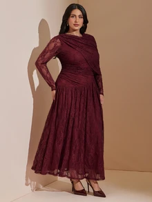 SHEIN BAE CURVE 大尺碼酒紅色長袖不對稱蕾絲洋裝，適合雞尾酒會、晚宴、正式商務場合、優雅秋季婚禮 - 酒紅色 - 查看 7